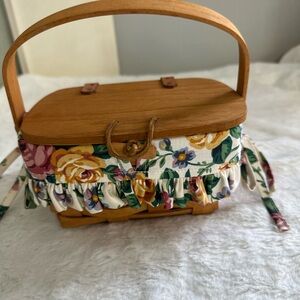 Longaberger Floral Wooden Handle Basket VINTAGE